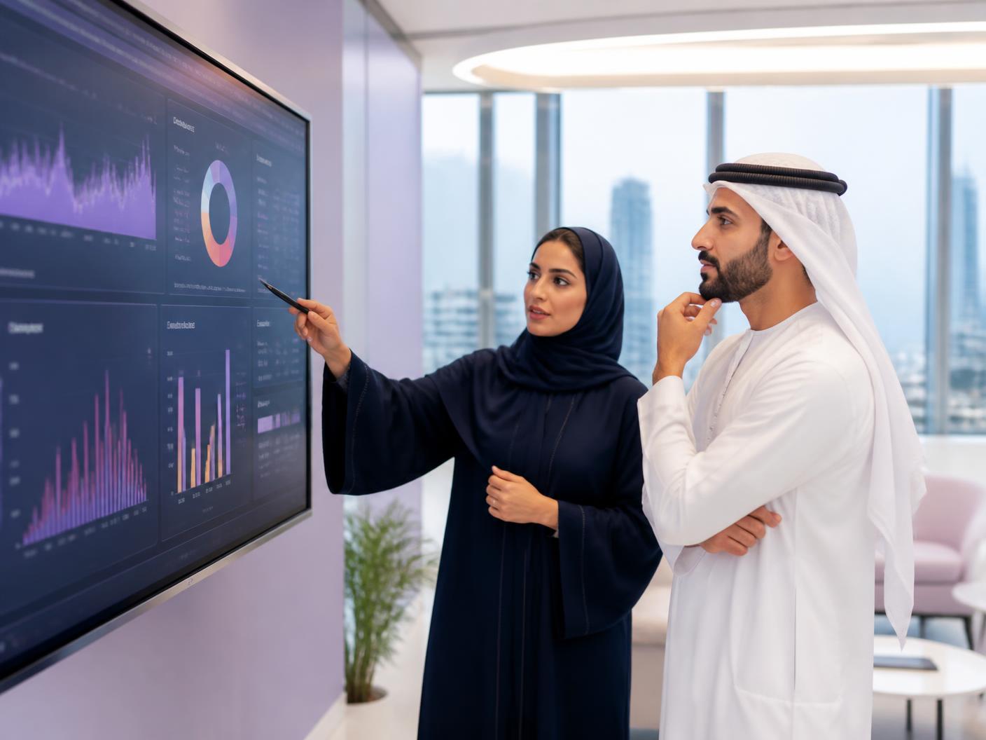 Consultants reviewing a business performance dashboard in a UAE office