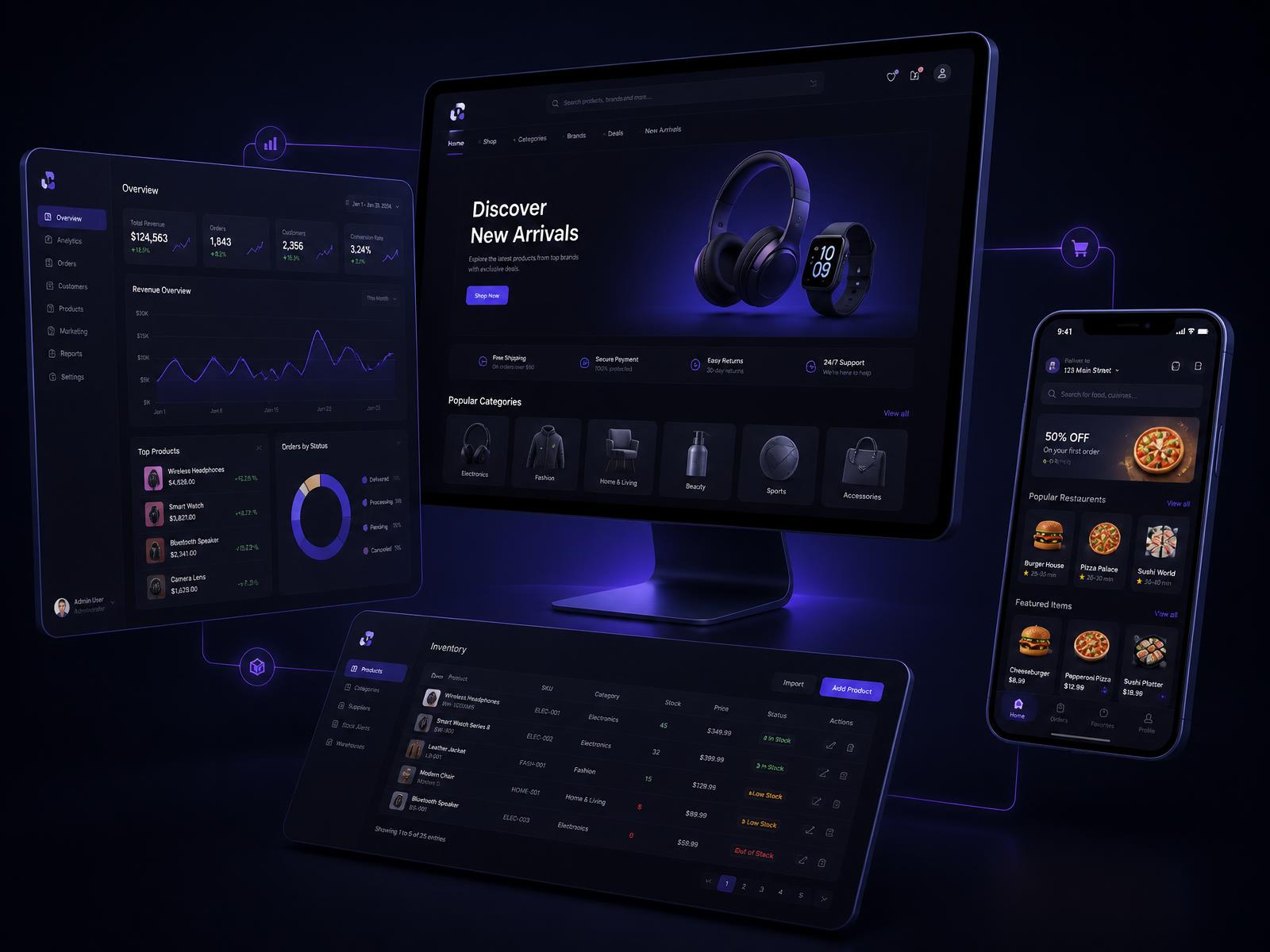 Connected Megan IT Solutions ecosystem: e-commerce storefront, admin dashboard, inventory system and customer mobile app